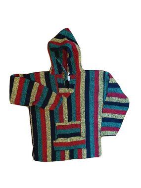La Malinche Capuchca L Mexican Poncho Pullover Hoodie Rainbow Striped